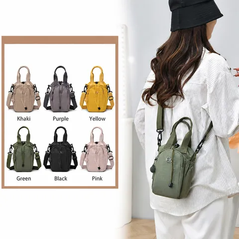 Womens Nylon Bucket Bag Casual Drawstring Crossbody Bag Multifunctional Small Shoulder Bag Phone Pouch