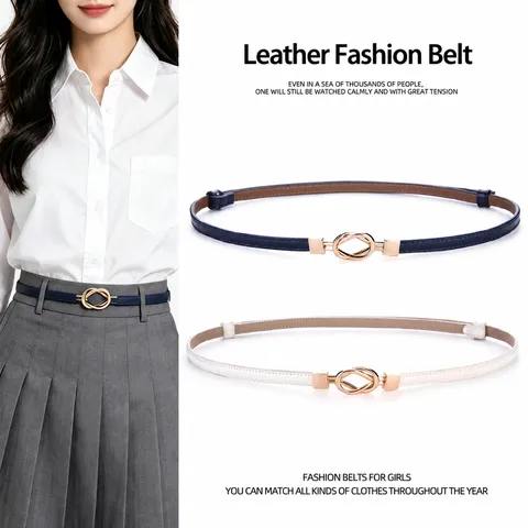 Ceinture en Véritable Cuir pour Femme Mode Sans Poinçon Robe Polyvalente Sangle de Taille Alliage Nœud Métallique Ceinture