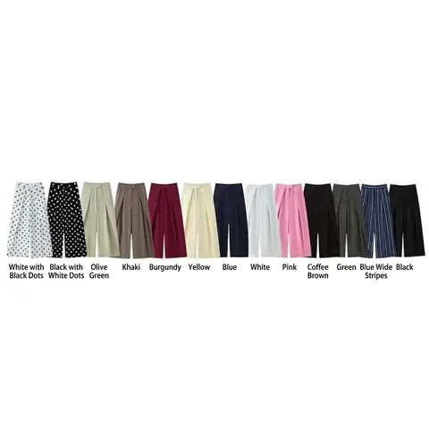Pantalon Taille Haute Jambe Large Plissé pour Femmes Élégant Jambe Droite Décontracté Bureau Couleur Unie Rayures