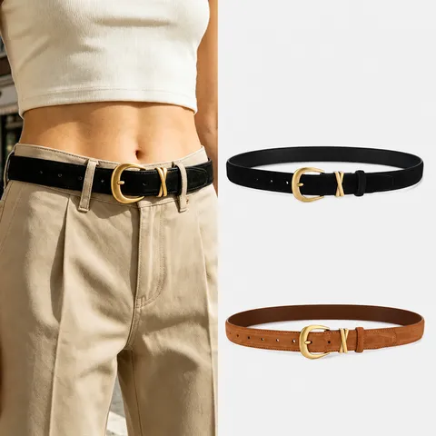 Ceinture Femme en Cuir de Suède Vintage Français Élégante Ceinture de Taille en Croûte de Cuir Avec Boucle à Ardillon en Métal