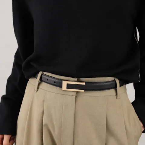 Women Cowhide Leather Belt Fashion Smooth Metal Buckle Thin Waistband Casual Dress Pants Belt Accessories