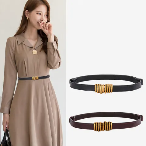 Ceinture Fine en Véritable Cuir pour Femmes Boucle Métallique Minimaliste Ceinture de Robe Mode Manteau Décontracté Pull Ceinture Décorative