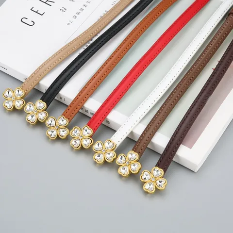 Ceinture pour Femme en Cuir Véritable Mode Décontractée Boucle Trèfle Strass Design de Ceinture de Robe Slim Accessoires Décoratifs
