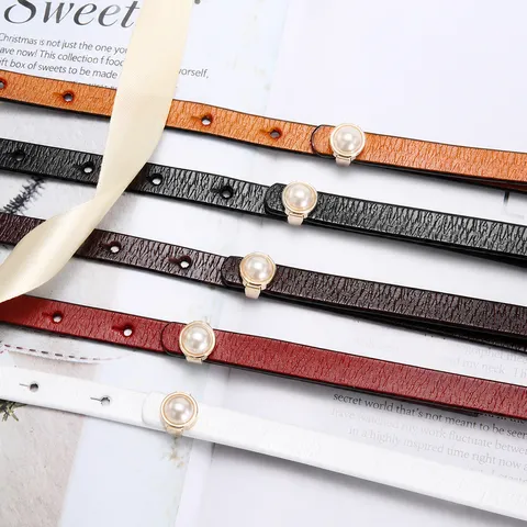 Damen Echtes Leder Schmaler Gürtel Modisch Lässig Kleid Mantel Perle Schnalle Taillenband Elegant Dünner Ledergürtel