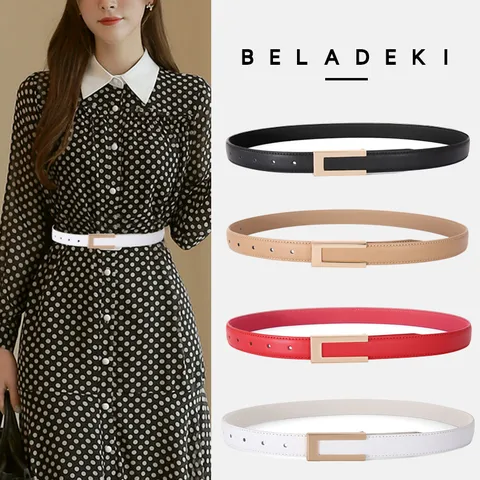 Women Cowhide Leather Belt Fashion Smooth Metal Buckle Thin Waistband Casual Dress Pants Belt Accessories