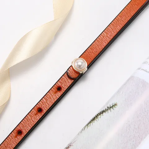 Damen Echtes Leder Schmaler Gürtel Modisch Lässig Kleid Mantel Perle Schnalle Taillenband Elegant Dünner Ledergürtel