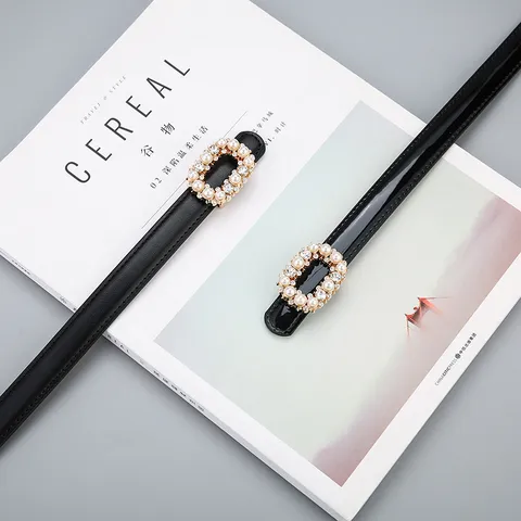 Ceinture en Cuir Véritable Mode Femmes Avec Boucle En Métal Strass Perle Accessoires De Robe De Taille