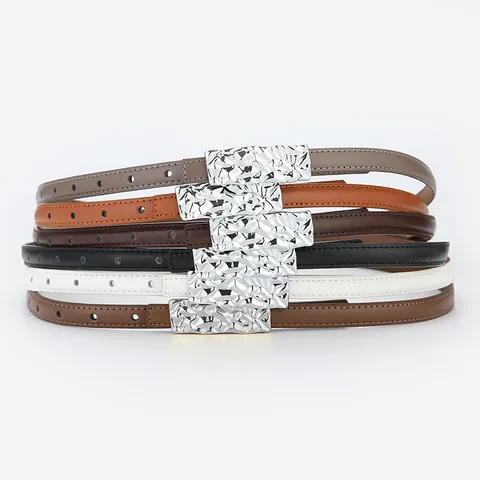 Ceinture Fine en Cuir Fendu Véritable pour Femme Bande de Taille de Robe avec Boucle Métallique Irrégulière Ceinture Mode Casual