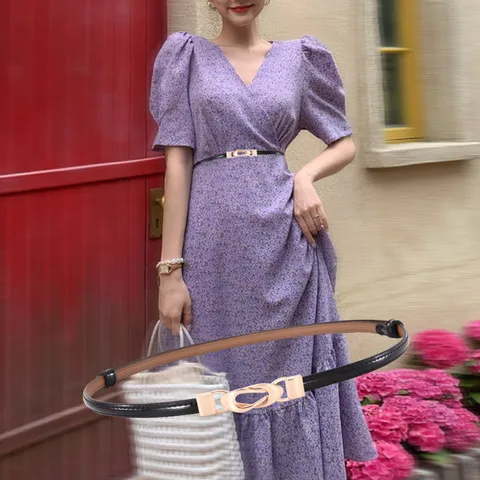Ceinture Fine en Cuir Véritable pour Femmes Ceinture de Robe Fine Minimaliste Avec Boucle Double Anneau en Métal Accessoire de Mode