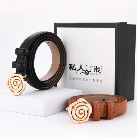 Ceinture en Cuir Véritable pour Femmes Élégante Boucle Métallique Fleur de Rose Robe Décontractée Mode Ceinture Décorative