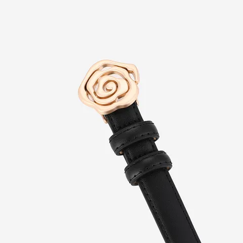 Ceinture en Cuir Véritable pour Femmes Élégante Boucle Métallique Fleur de Rose Robe Décontractée Mode Ceinture Décorative