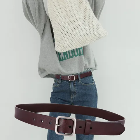 Minimalistisch Retro Echt Lederen Riem Voor Dames Casual Dagelijkse Broek Metalen Vierkante Doorngesp Mode Accessoires