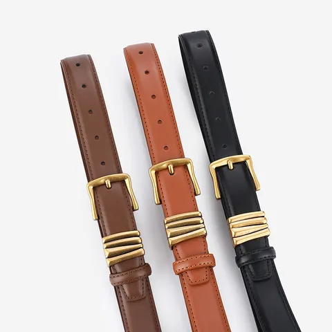 Ceinture Minimaliste en Cuir de Vachette Fendu pour Femmes Boucle en Métal Doré Rétro Ceinture de Robe Jean Accessoires de Mode