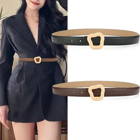Damen Echtes Rindsleder Gürtel Minimalistischer Casual Hosenbürtel Mit Unregelmäßiger Metallschnalle Mode Kleid Accessoires