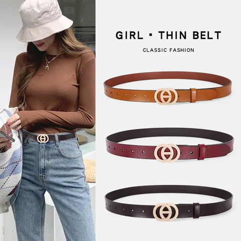 Ceinture Décontractée en Cuir de Vachette pour Femmes Mode Rétro Boucle Métallique à Double Anneau pour Jeans Robes