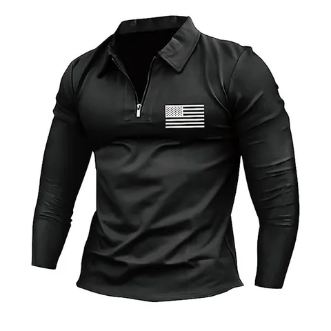 Polo da Uomo a Maniche Lunghe Top Casual con Cerniera e Colletto a Punta con Stampa Bandiera per Sport e Quotidiano