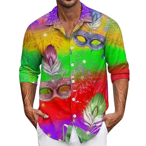 Men's Mardi Gras Carnival 3D Print Long Sleeve Shirt Lapel Casual Loose Button Down Polyester Top For Party Holiday