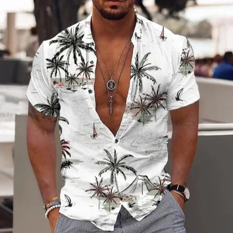 Men Casual Short Sleeve Shirt Digital Print Tropical Palm Tree Beach Vacation Button Down Polyester Lapel Collar Top