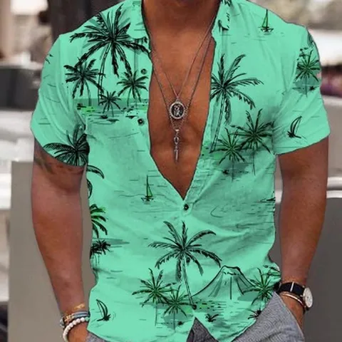 Men Casual Short Sleeve Shirt Digital Print Tropical Palm Tree Beach Vacation Button Down Polyester Lapel Collar Top