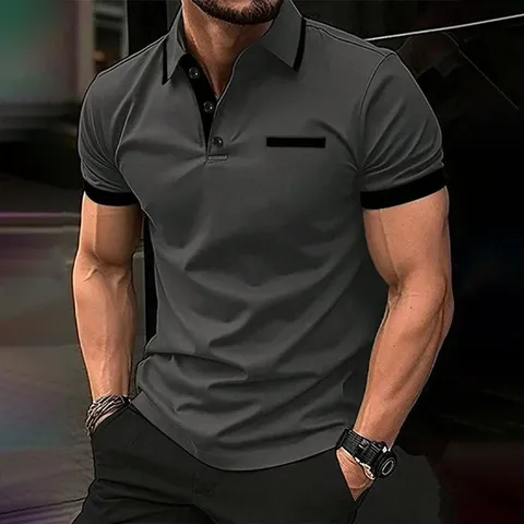Men's Sporty Casual Polyester Polo Shirt Short Sleeve Color Block Contrast Stitching Breathable Lapel Top For Outdoor Summer