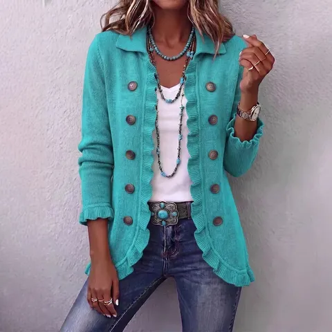 Damen Mode Strickjacke mit Rüschen Einfarbig Langarm Knopfleiste Revers Pullover Top Lässige Streetwear Leichte Oberbekleidung