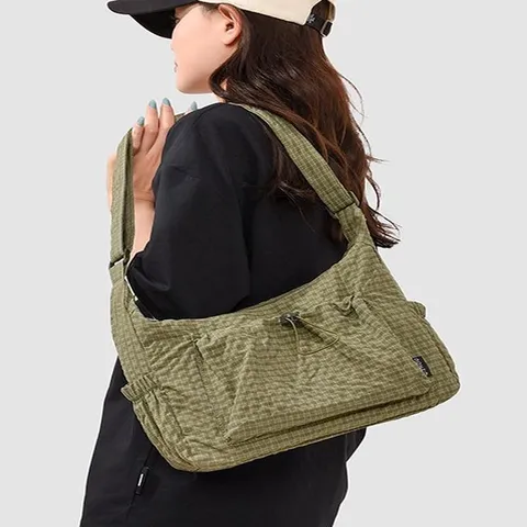 Casual Nylon Oxford Cloth Crossbody Bag Women Fashion Plaid Shoulder Bag Daily Travel Chic Tote Bag With Drawstring Pocket