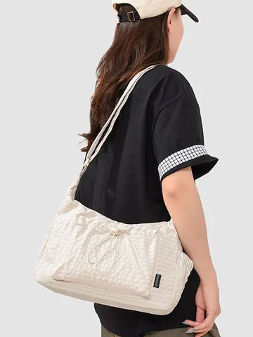 Casual Nylon Oxford Cloth Crossbody Bag Women Fashion Plaid Shoulder Bag Daily Travel Chic Tote Bag With Drawstring Pocket