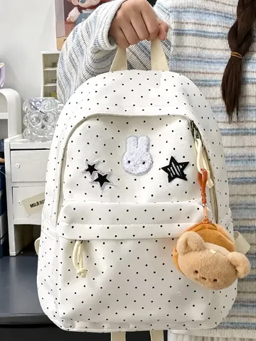 Women Casual Polka Dot Nylon Campus Backpack Student School Bookbag Cute Rabbit Patch Daypack