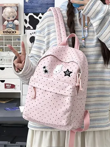 Women Casual Polka Dot Nylon Campus Backpack Student School Bookbag Cute Rabbit Patch Daypack