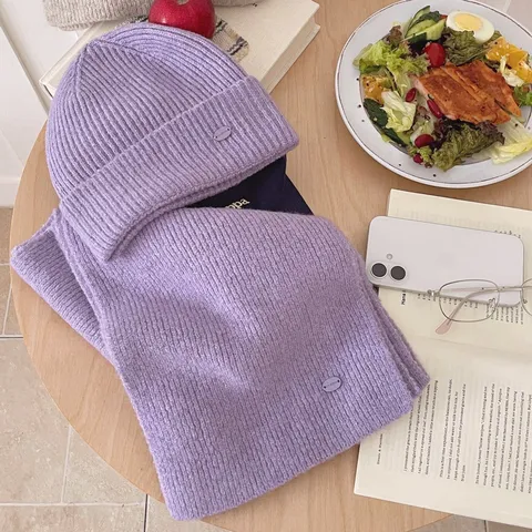 Ensemble Bonnet et Écharpe en Maille d'Hiver pour Femmes Chaud Façon Cachemire Épais Couleur Unie Ensemble Accessoires Extérieur