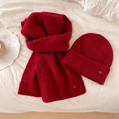 Ensemble Bonnet et Écharpe en Maille d'Hiver pour Femmes Chaud Façon Cachemire Épais Couleur Unie Ensemble Accessoires Extérieur