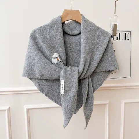 Châle Tricoté en Mélange de Laine Minimaliste Décontracté pour Femmes Automne Hiver Écharpe Triangle Couleur Unie Avec Broderie Petit Chien Enveloppement