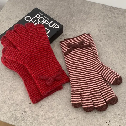 Gants en Tricot à Rayures Avec Nœud pour Femmes Écharpe en Polyester Chaud Hiver Gants Écran Tactile Écharpe Coupe-Vent Douce Accessoires Style Coréen