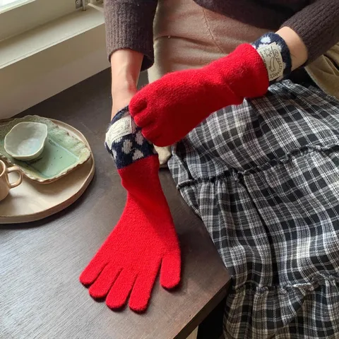 Gants en Tricot pour Femmes à Pois Longs Hiver Chaud Écran Tactile Couleur Contrastée Jacquard Patch Cyclisme en Plein Air