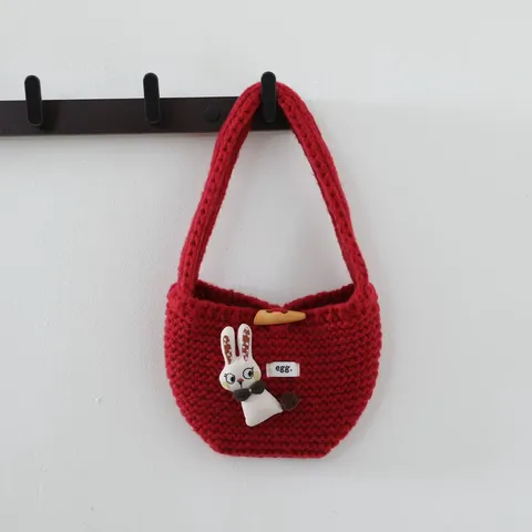 Mini Sac à Main Doux en Tricot pour Femmes Avec Fermeture à Bascule en Bois Décoration en Peluche Ours Lapin Sac Jacquard en Polyester pour Rangement Quotidien