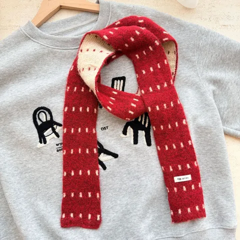 Écharpe Étroite en Tricot Jacquard à Pois Style Coréen pour Femmes Chauffe-Nuque Douceur Baguette Écharpe Décorative Mince pour l'Hiver