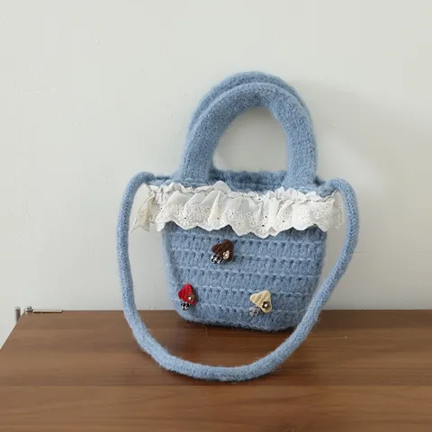 Cute Lace Trim Knitted Handbag Forest Style Cartoon Mushroom Crochet Tote Bag For Kids Women Daily Crossbody Bag Sweet Gift