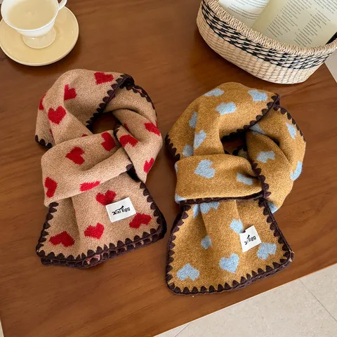 Écharpe en Tricot à Motif de Cœur de Style Coréen Mélange de Laine Chaude Jacquard Wrap Châle pour Femmes Mode d'Automne Hiver