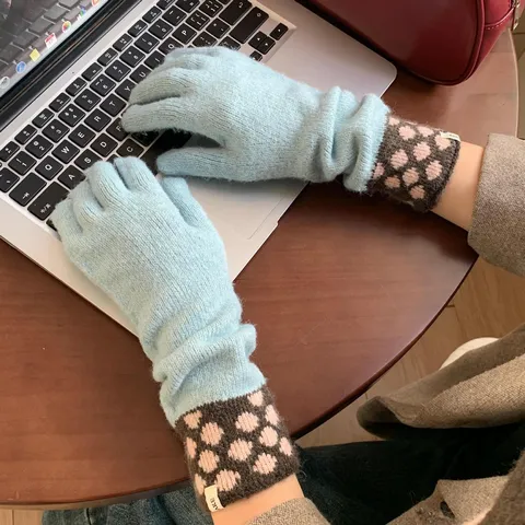 Gants Chauds Tricotés Rétro à Pois pour Femmes Écran Tactile Gants Longs d'Hiver pour le Shopping Extérieur le Cyclisme la Mode