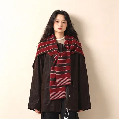 Châle Rayé en Tricot de Style Coréen pour Femmes Écharpe Rétro Couleur Contrastée Chaud Mode Polyvalent Petit Cape d'Épaule