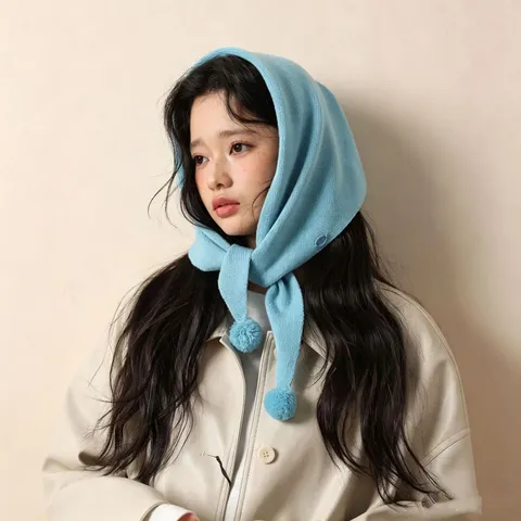 Écharpe Triangle en Mélange de Laine Style Preppy pour Femmes Automne Hiver Châle en Tricot Chaud Avec Pompon et Bouton