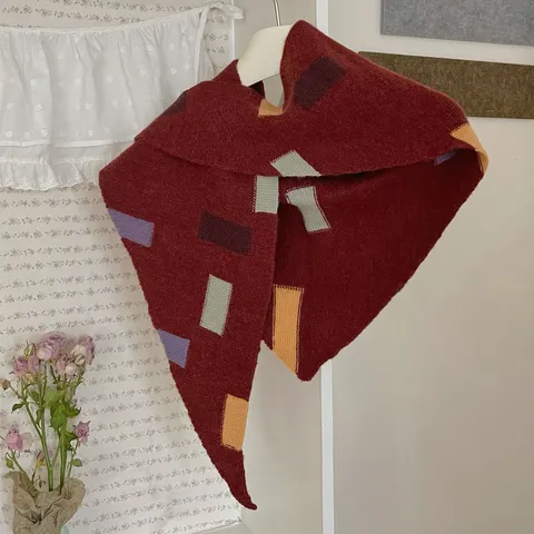 Foulard Triangle en Tricot pour Femmes Multicolore Bloc de Couleur Motif Carré Géométrique Châle Designer Doux Chaud Hiver