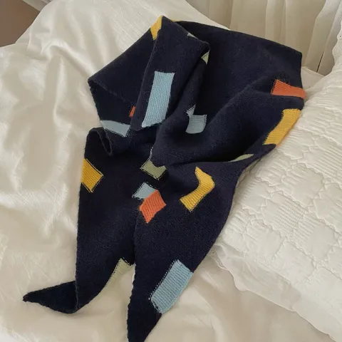 Foulard Triangle en Tricot pour Femmes Multicolore Bloc de Couleur Motif Carré Géométrique Châle Designer Doux Chaud Hiver