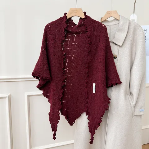 Châle Triangulaire en Tricot Rétro pour Femmes Automne Hiver Chaud Bord à Volants Élégant Couleur Unie Accessoire de Mode Multifonctionnel