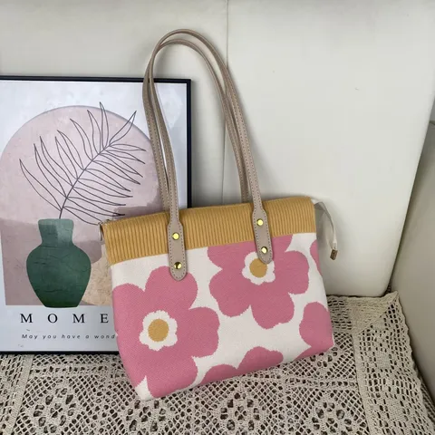Sac Cabas en Maille pour Femmes Grande Capacité Sac à Bandoulière Décontracté Motif Jacquard Léopard Floral Avec Fermeture Éclair Sac en Tricot Souple