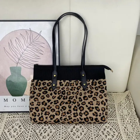 Sac Cabas en Maille pour Femmes Grande Capacité Sac à Bandoulière Décontracté Motif Jacquard Léopard Floral Avec Fermeture Éclair Sac en Tricot Souple