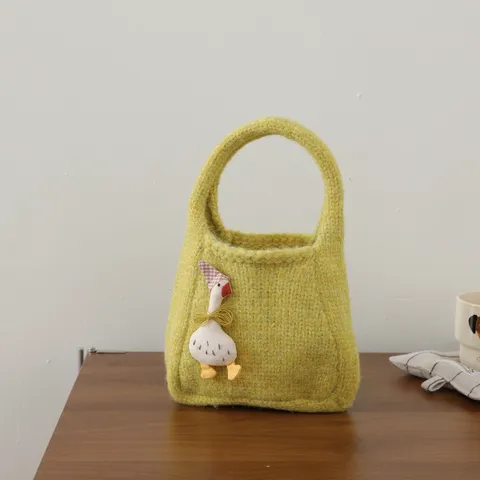 Cute Cartoon Knit Handbag For Women Kids Mini Woolen Tote Bag With Animal Doll Decoration Fashion Small Handheld Bag