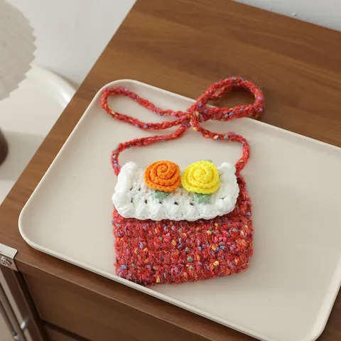 Mini Porte-monnaie en Fil Crocheté à la Main Pour Enfants Sac Bandoulière Motif Fleurs Mignon Sac à Rouge à Lèvres Portable Pour Garçons Et Filles