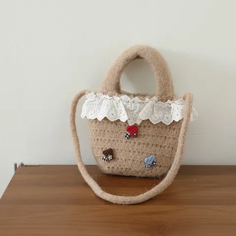 Cute Lace Trim Knitted Handbag Forest Style Cartoon Mushroom Crochet Tote Bag For Kids Women Daily Crossbody Bag Sweet Gift