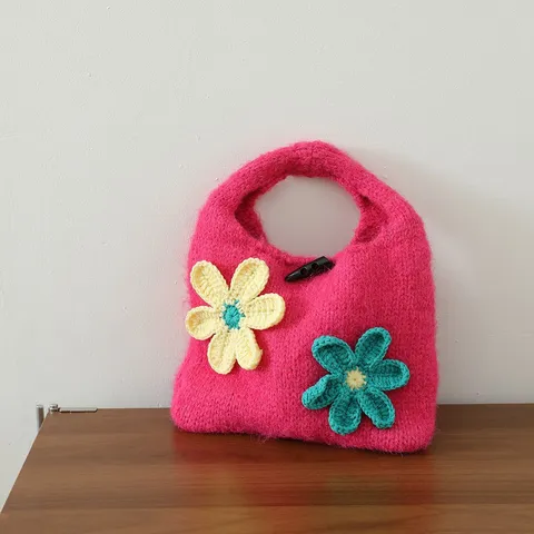 Sac à Main Tricoté Floral Vintage Pour Femmes Automne Hiver Sac Cabas Fleurs 3D Sac à Main Tissé Artistique Rétro Petit Portatif Décontracté